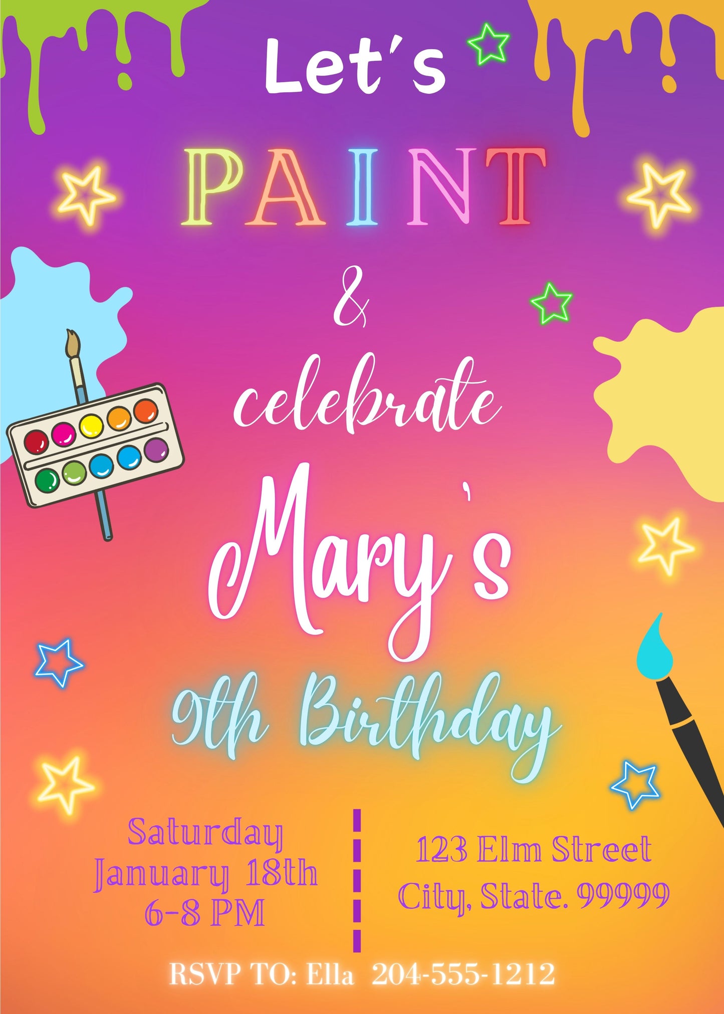 kids neon paint party invitation  