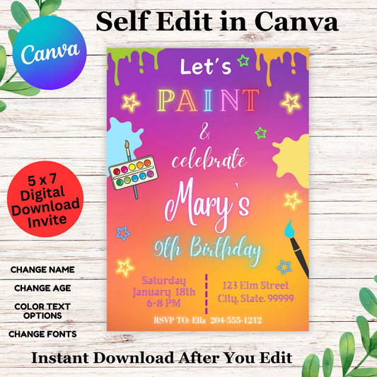 Paint Party Birthday Invitation Template for Kids  - Printable Kids Paint Party Invite