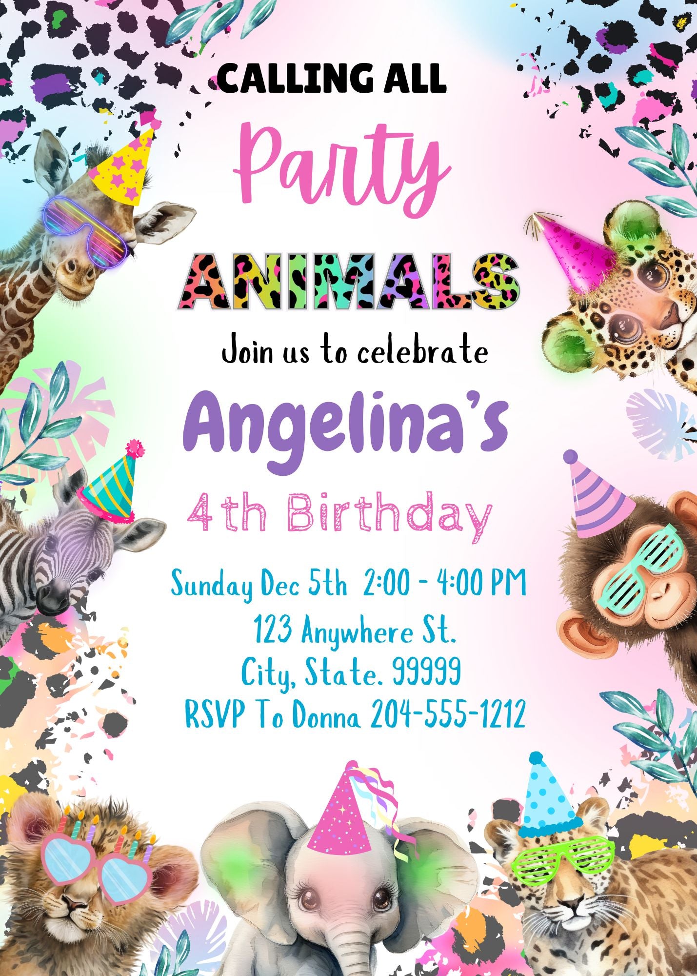 Party Animals Birthday Party Girl Invitation Template - Party Animals Party Theme Kids