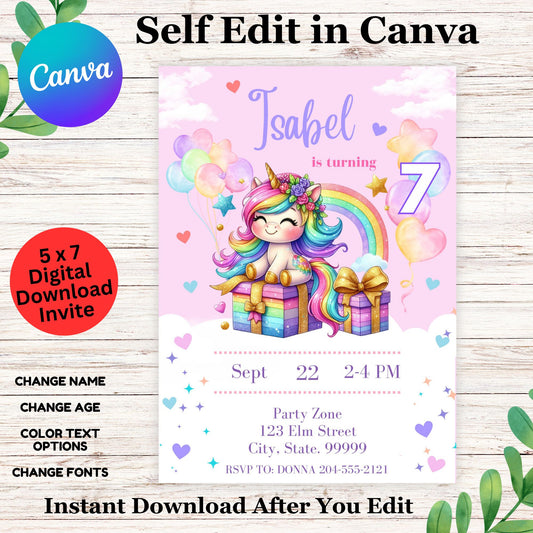 Editable Unicorn Birthday Invitation Template | Magical Pastel Rainbow Unicorn Party Invite for Girls | Printable Digital Download