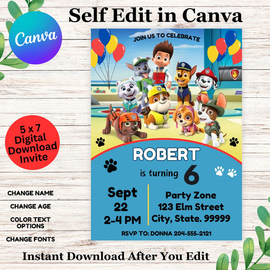 Paw Patrol Boy Birthday Invitation Template Canva - Printable Editable Paw Patrol Birthday Invitation 