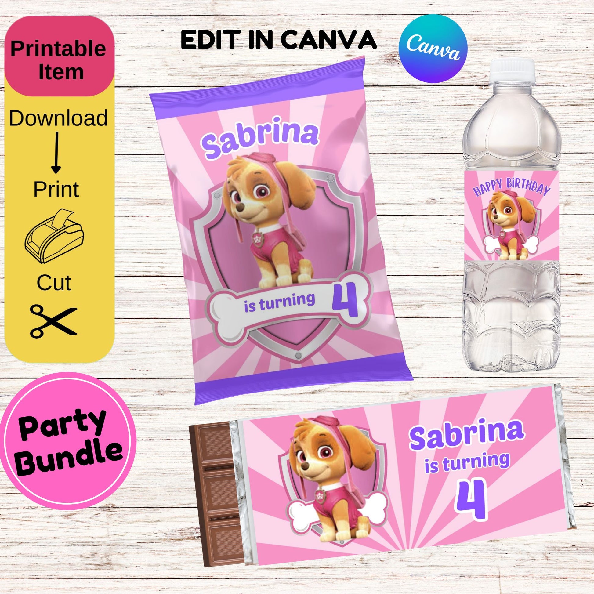 Paw Patrol Skye Birthday Party Bundle Wrappers - Editable Paw Patrol Candy Wrappers