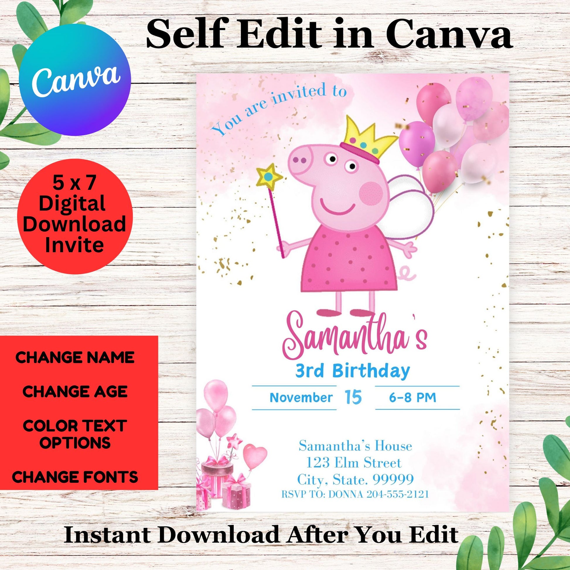 This is a personalized birthday invitation 5 x 7 inches that you will edit yourself in Canva then print at home or any print location of choice. After purchase you will receive an email with instructions and link to Canva for you to edit. If you have any issues download or any other issues please email me at girlygirltutus@yahoo.com. Please note responses can vary from 1-2 hours but please allow up to 24 hours.&nbsp;

This isn't a physical item.....&nbsp;Once you edit invitation you can then print yourself 