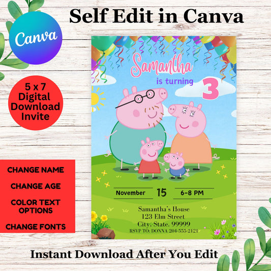 Peppa the Pig Personalized Birthday Invitation Template - Peppa Birthday Invite