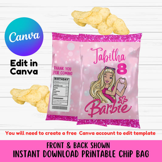 Barbie Pink Chip Bag Template - Cute Personalized Barbie Chip Bag Editable with Canva