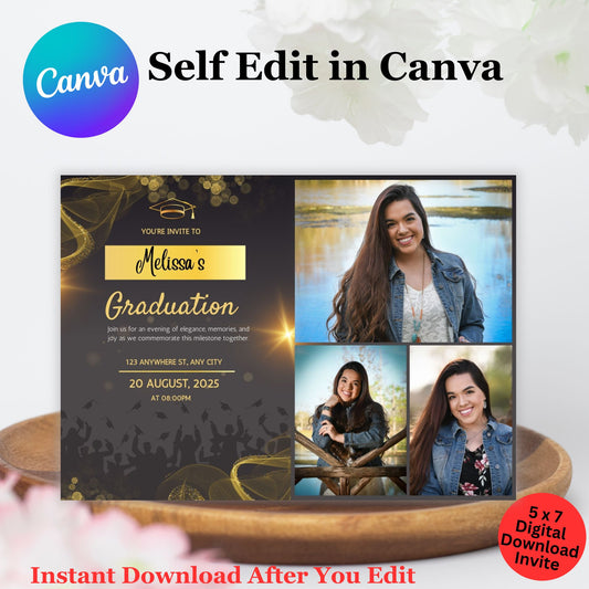 Gold Shimmer Photo Graduation Invitation Template- Editable Graduation Invitation Template
