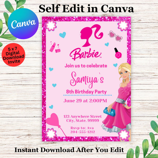 Barbie Personalized Birthday Invitation Template - Fashion Barbie Pink Birthday Invite Editable