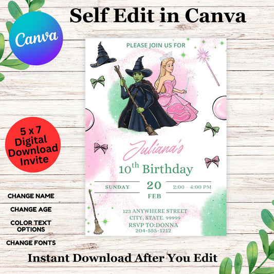 Cute Wicked Green Pink Birthday Invitation Template- Editable Wicked Invite in Canva