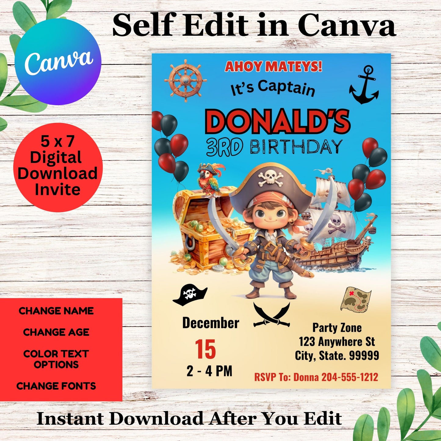 Pirate Birthday Invitation Template for Boy- Printable Pirate Birthday Invite in Canva