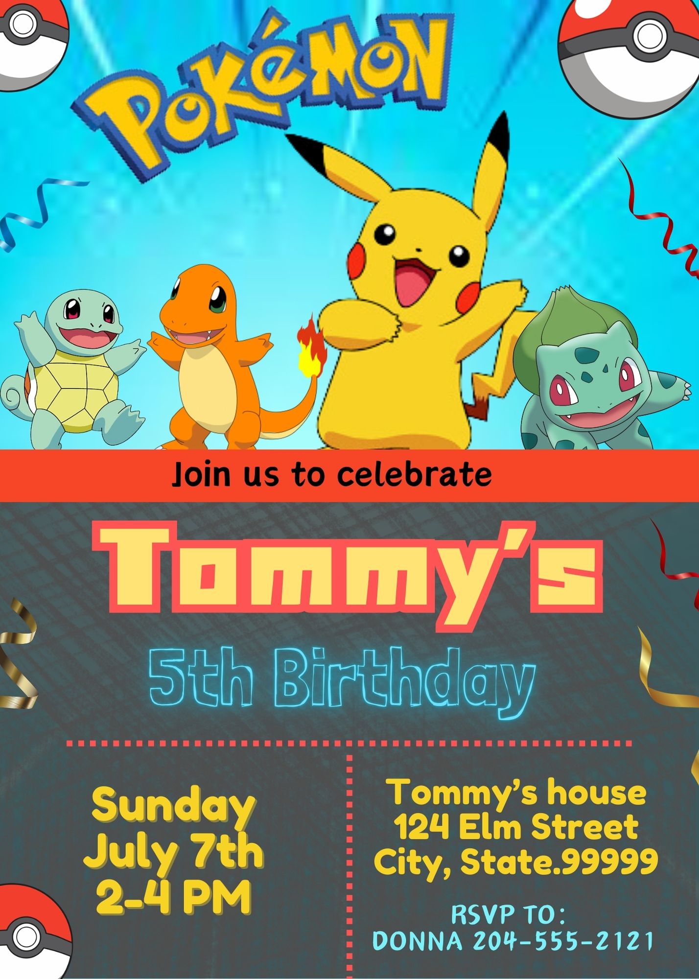 Invitation anniversaire Pokémon pour garçon - Imprimable