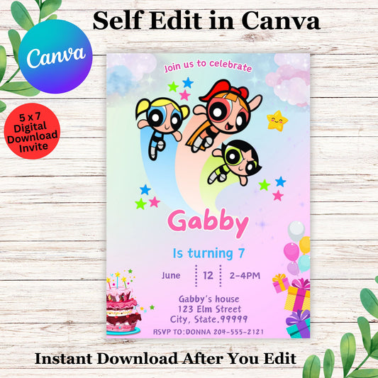 Power Puff Birthday Invitation Template for Kids - Editable Power Puff Birthday Invitation 