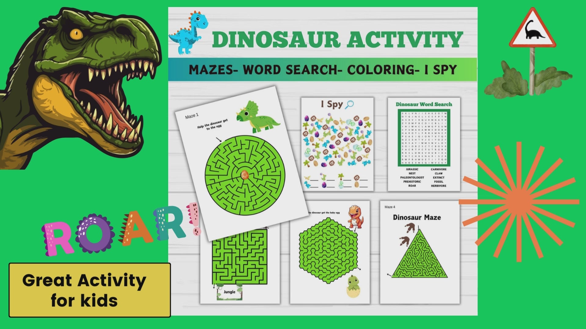 dinosaur coloring pages, dinosaur mazes, dinosaur activity printable