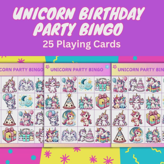 unicorn printable games, unicorn bingo pdf, unicorn birthday bingo printable 