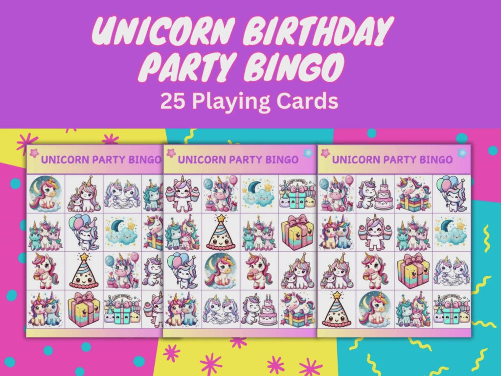 unicorn printable games, unicorn bingo pdf, unicorn birthday bingo printable 