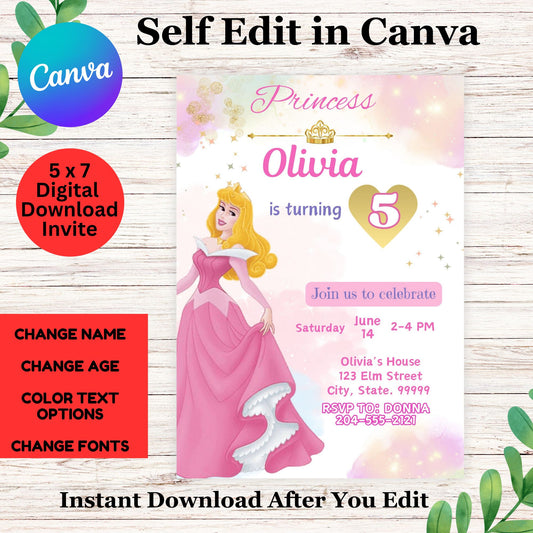 Sleeping Beauty Birthday Invitation Template - Princess Aurora Party Invitation Printable 