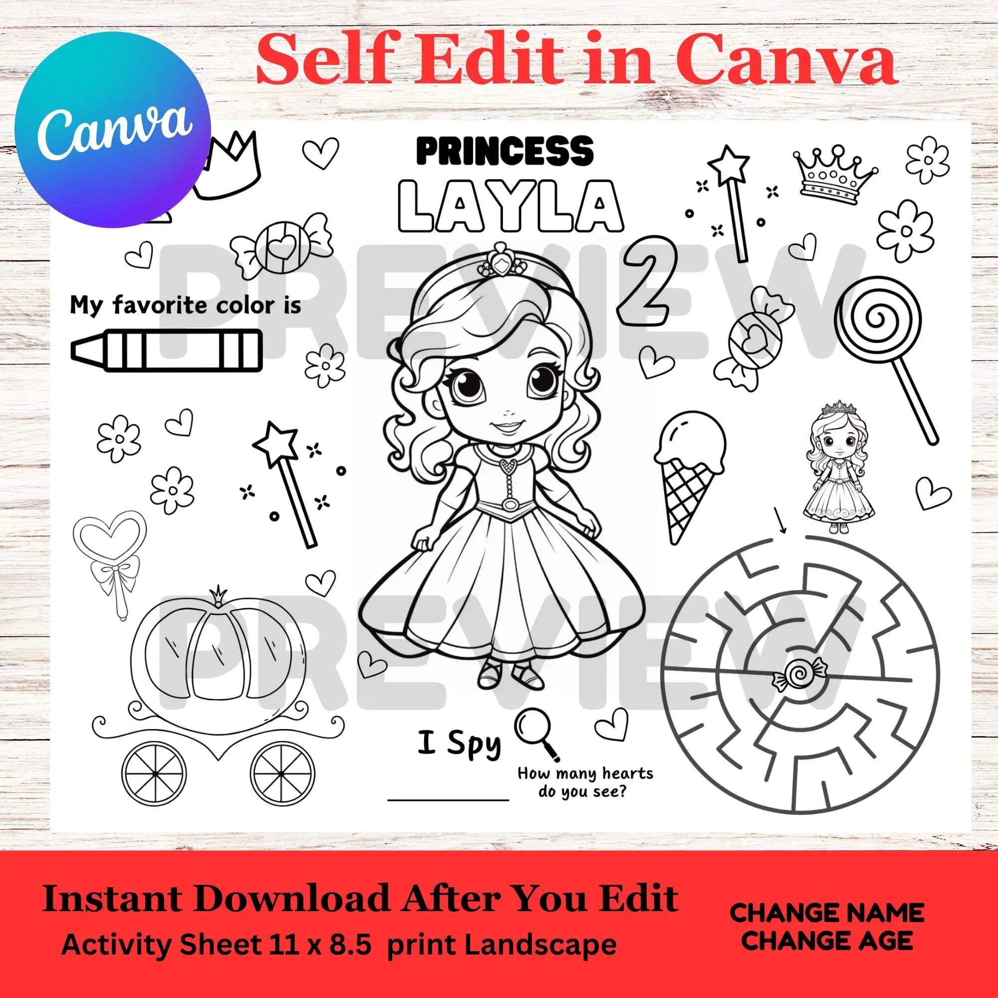 Princess Coloring Activity Sheet Template - You Edit in Canva - Instan ...