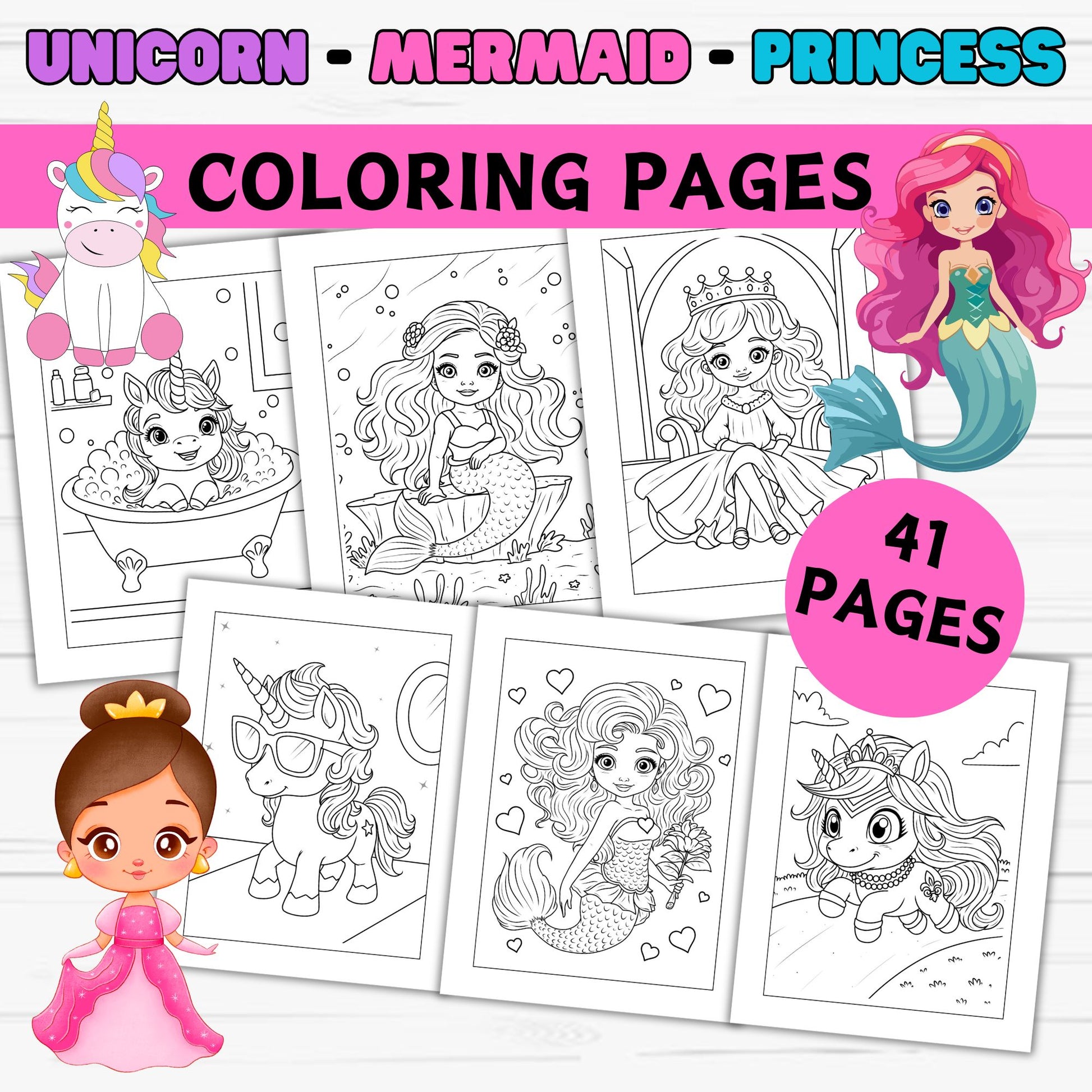 Magical Unicorn Princess Mermaid Coloring Pages Set for Kids | Printable Fantasy Activity