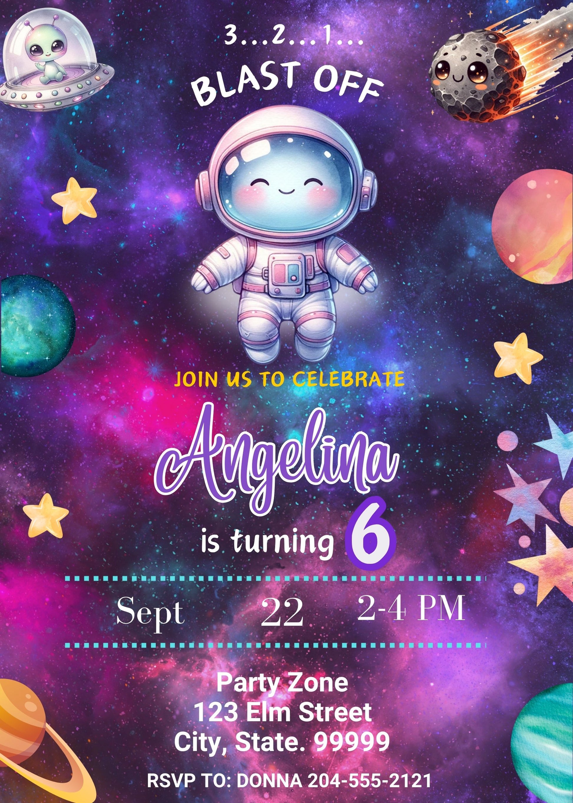 Girl outer space birthday invitation