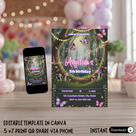 "Whimsical fairy garden birthday invitation with watercolor wildflowers, enchanted forest theme, and editable gold text