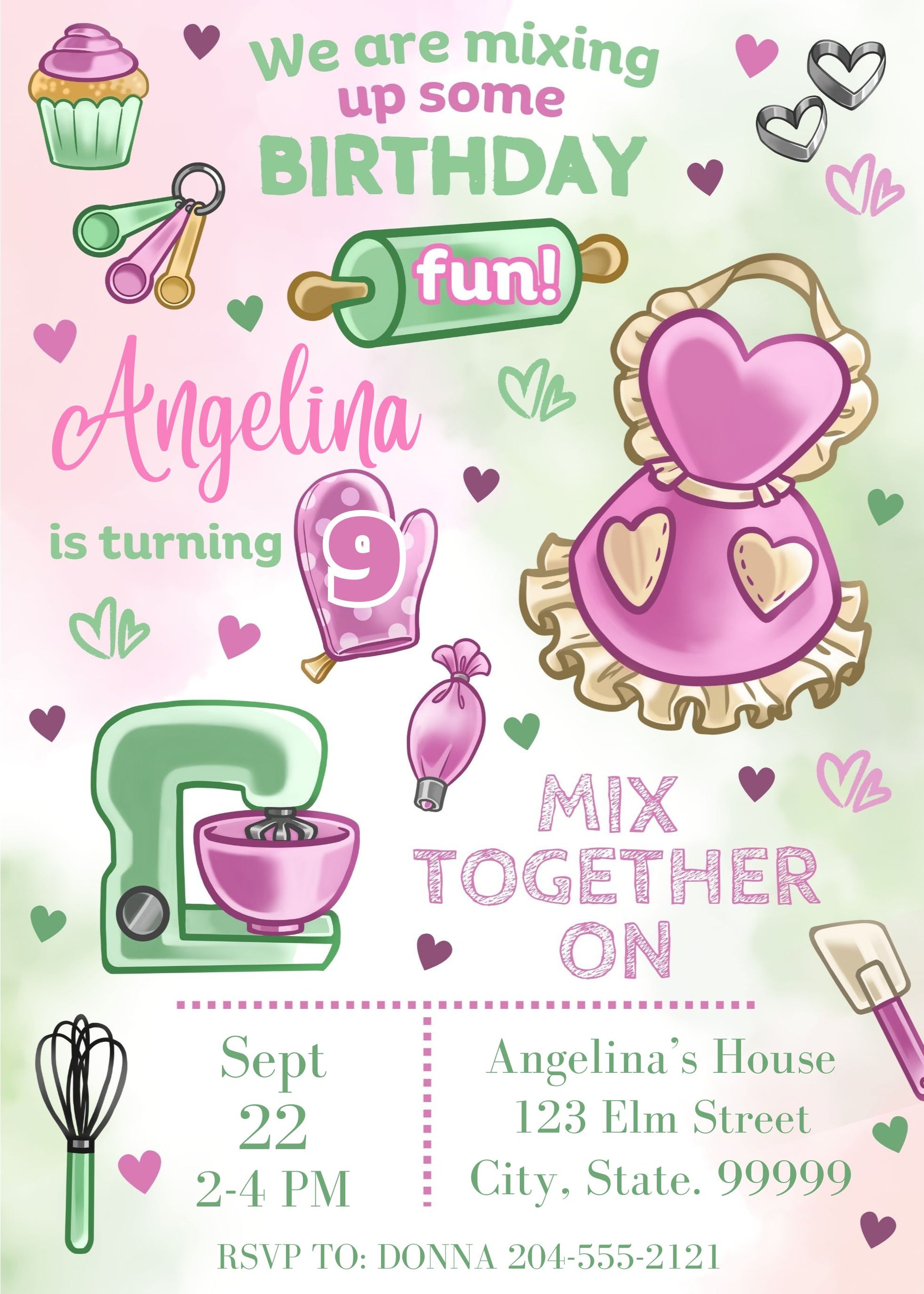 Baking birthday party, invitation template, editable, instant download