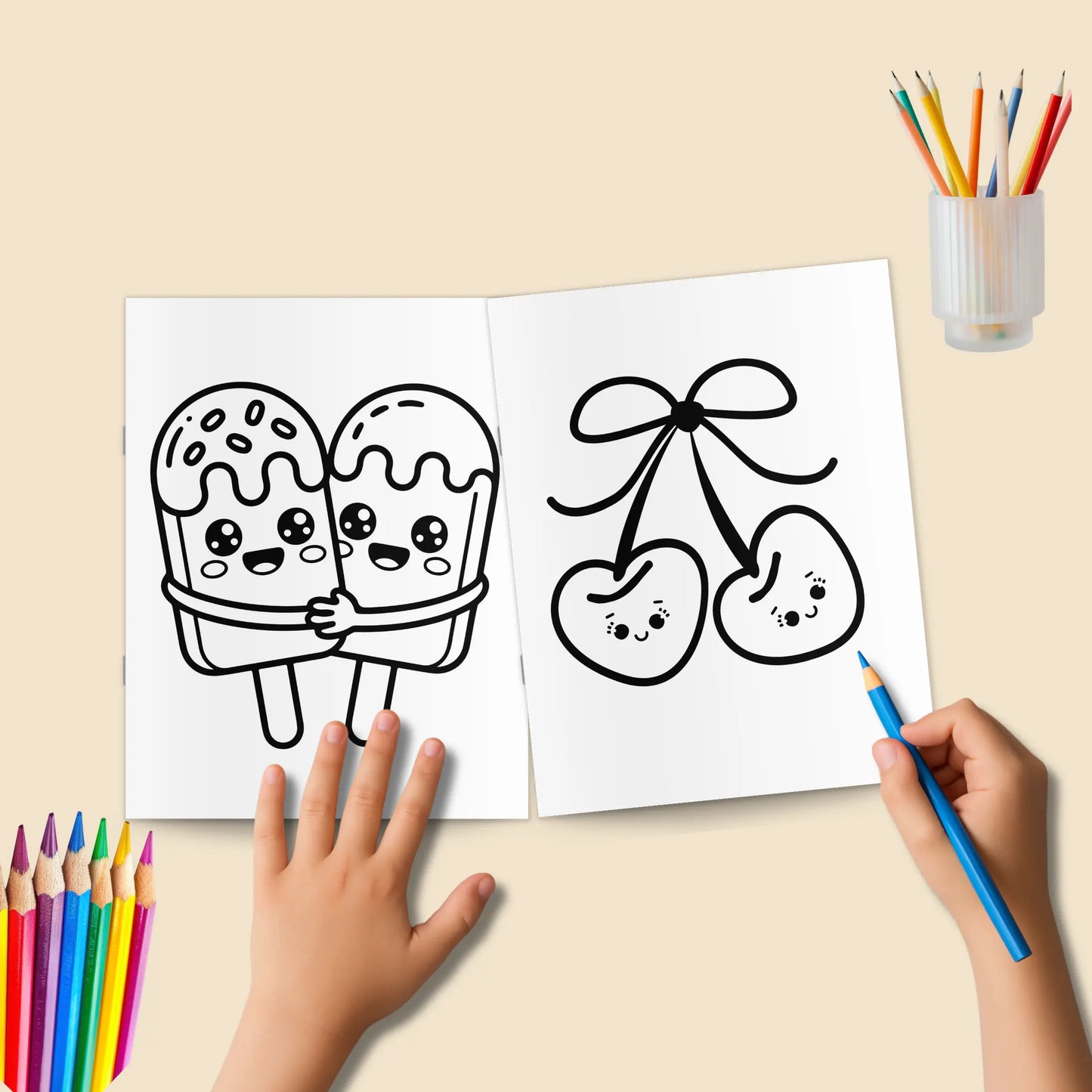 Close up of thick black lines on a Kawaii cupcake coloring page showing easy-to-color minimalist design.