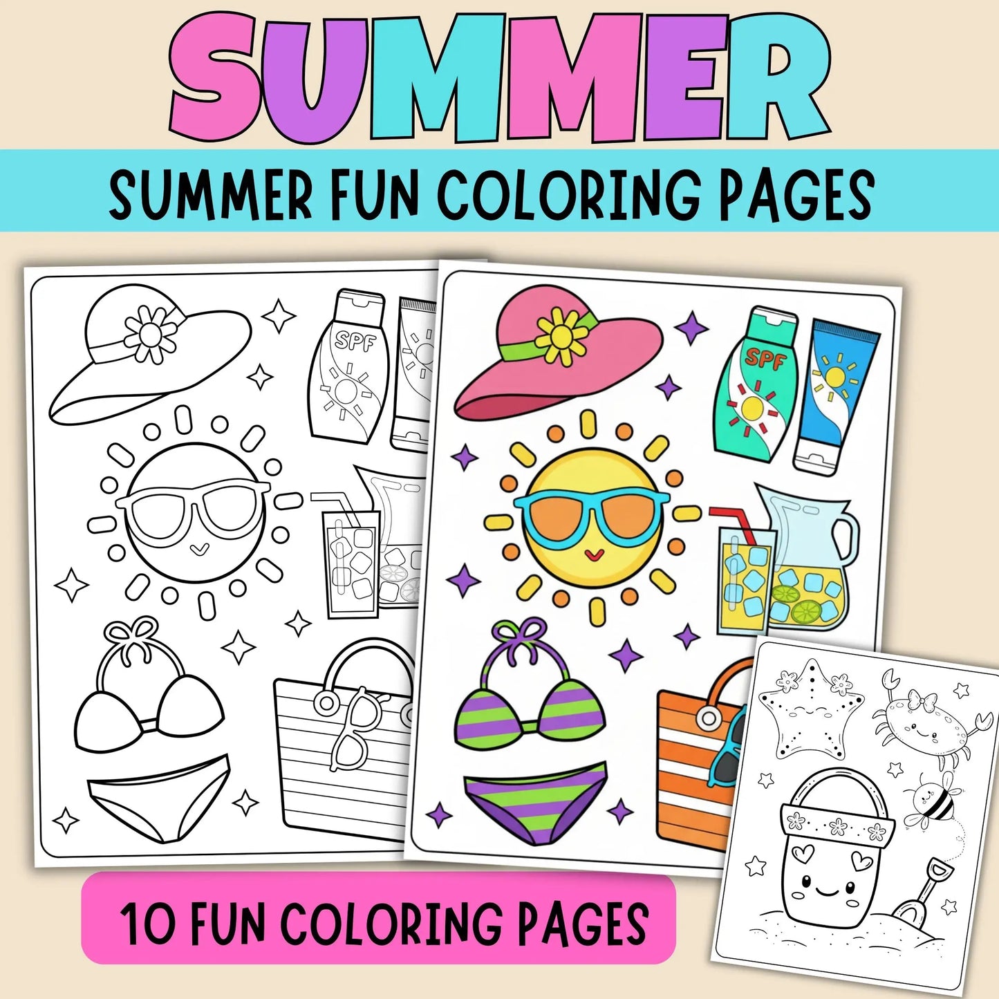  "A 'Hello Summer' coloring page with large bold letters and tropical flip-flops."