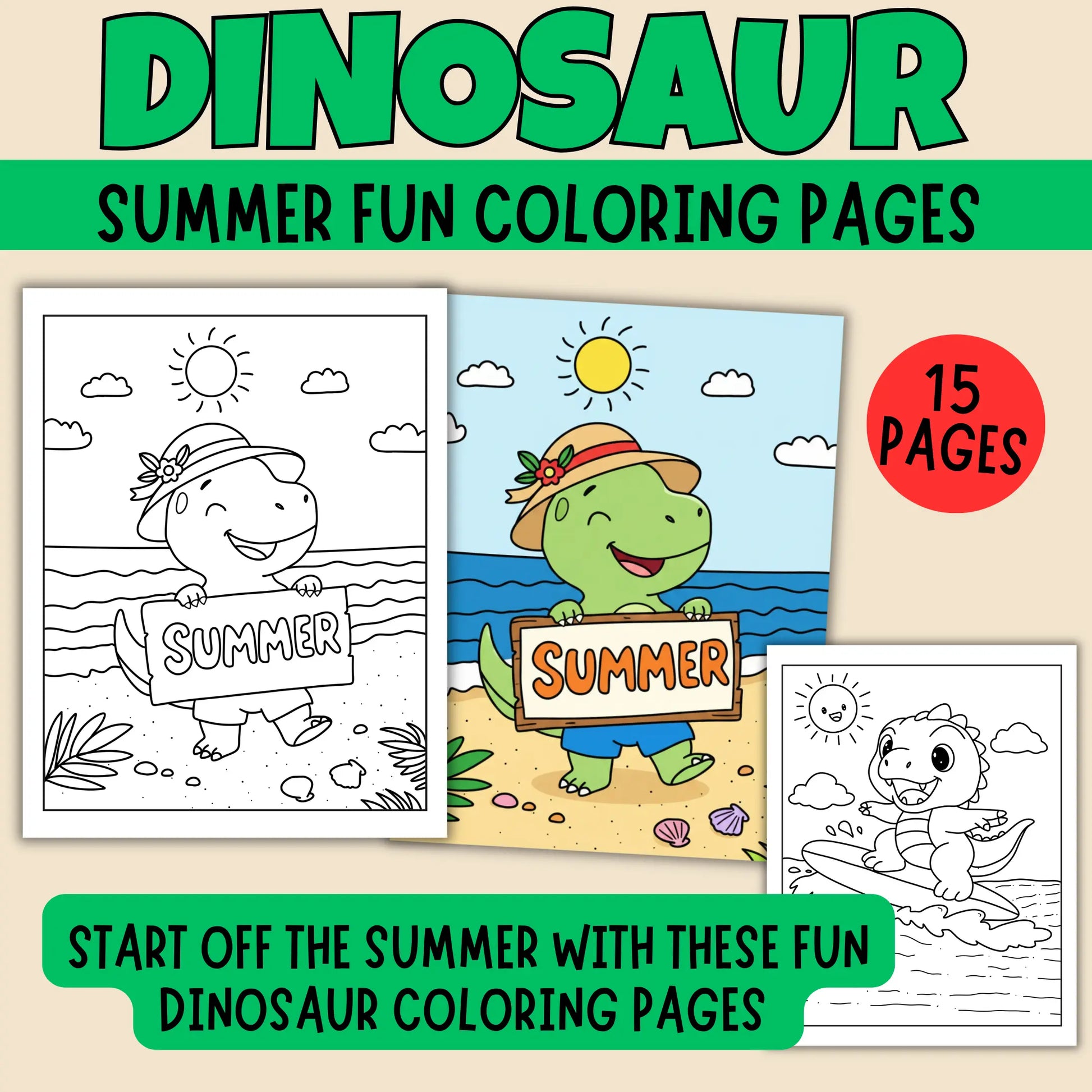Whimsical dinosaur coloring page packet for kids featuring 15 unique printable sheets with silly prehistoric scenes.