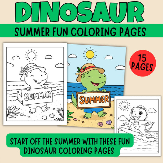 Whimsical dinosaur coloring page packet for kids featuring 15 unique printable sheets with silly prehistoric scenes.