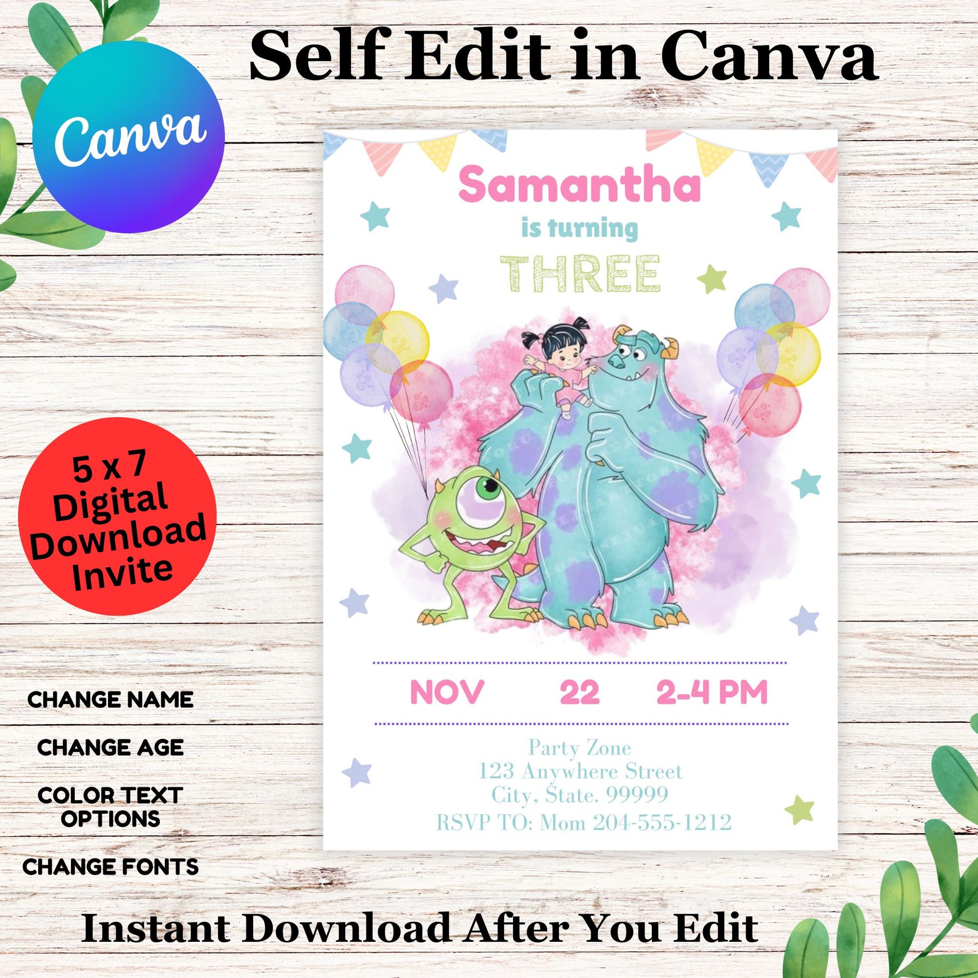 Monsters Inc Birthday Party Invitation Template Editable In Canva- Monsters Inc Birthday Party 