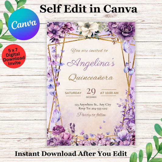 Purple Quinceañera Personalized Party Invitation Template - Girls Quinceañera Party Invite Editable in Canva 