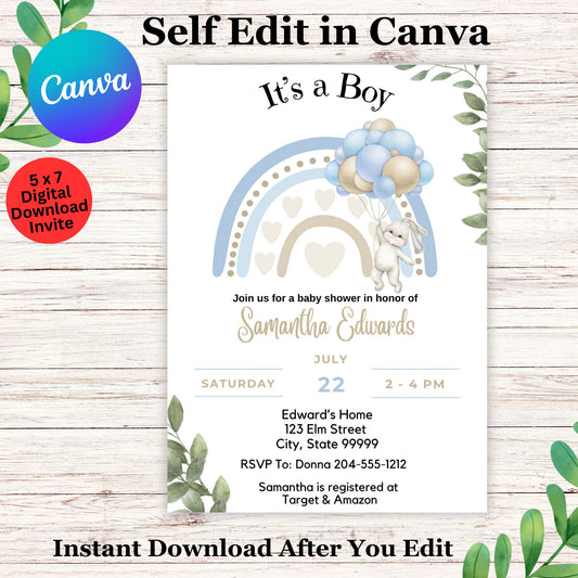 Boho Rabbit Baby Shower Invitation for Boy- Cute Rabbit Baby Shower Invitation Template 