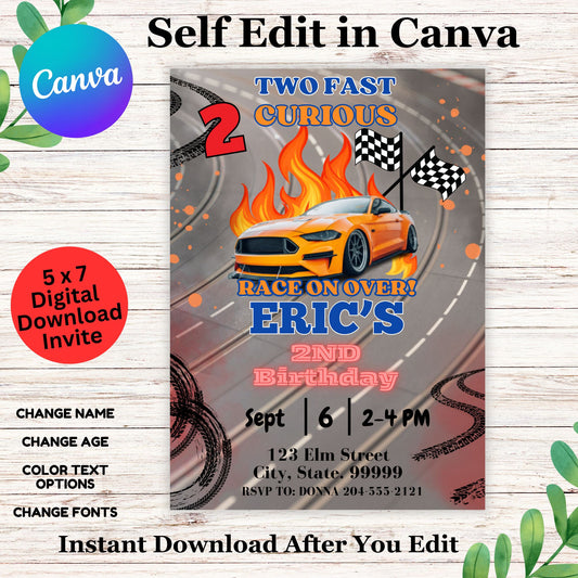 Race on Over Birthday Invitation Template - 2 Fast Two Curious Racing Invite Printable