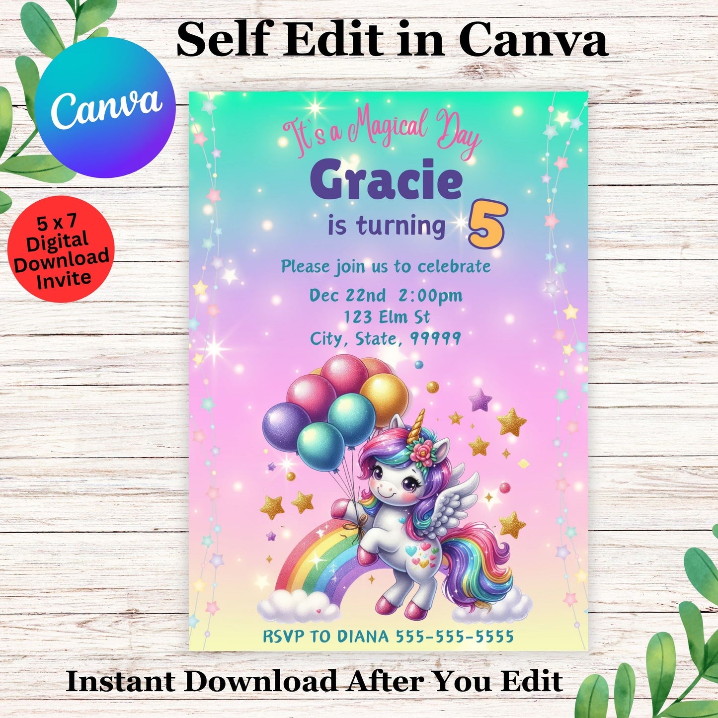 Unicorn Birthday Invitation Template online- Editable Unicorn Invitation Template in Canva 