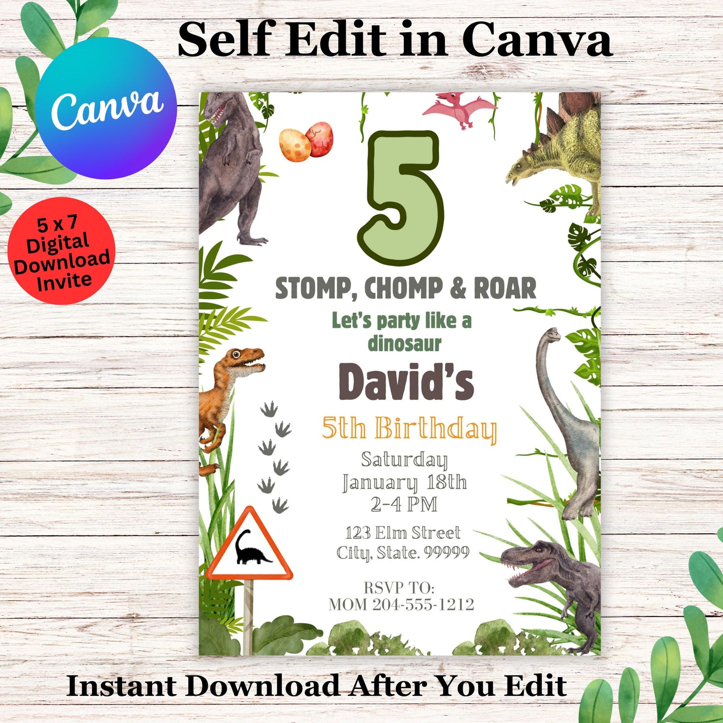 Kids Reptile Dinosaur Birthday Invitation Template - Printable Reptile Birthday Invite Editable 