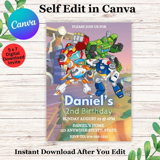 Rescue Bots Birthday Invitation Template - Editable Kids Rescue Bots Birthday Invite in Canva