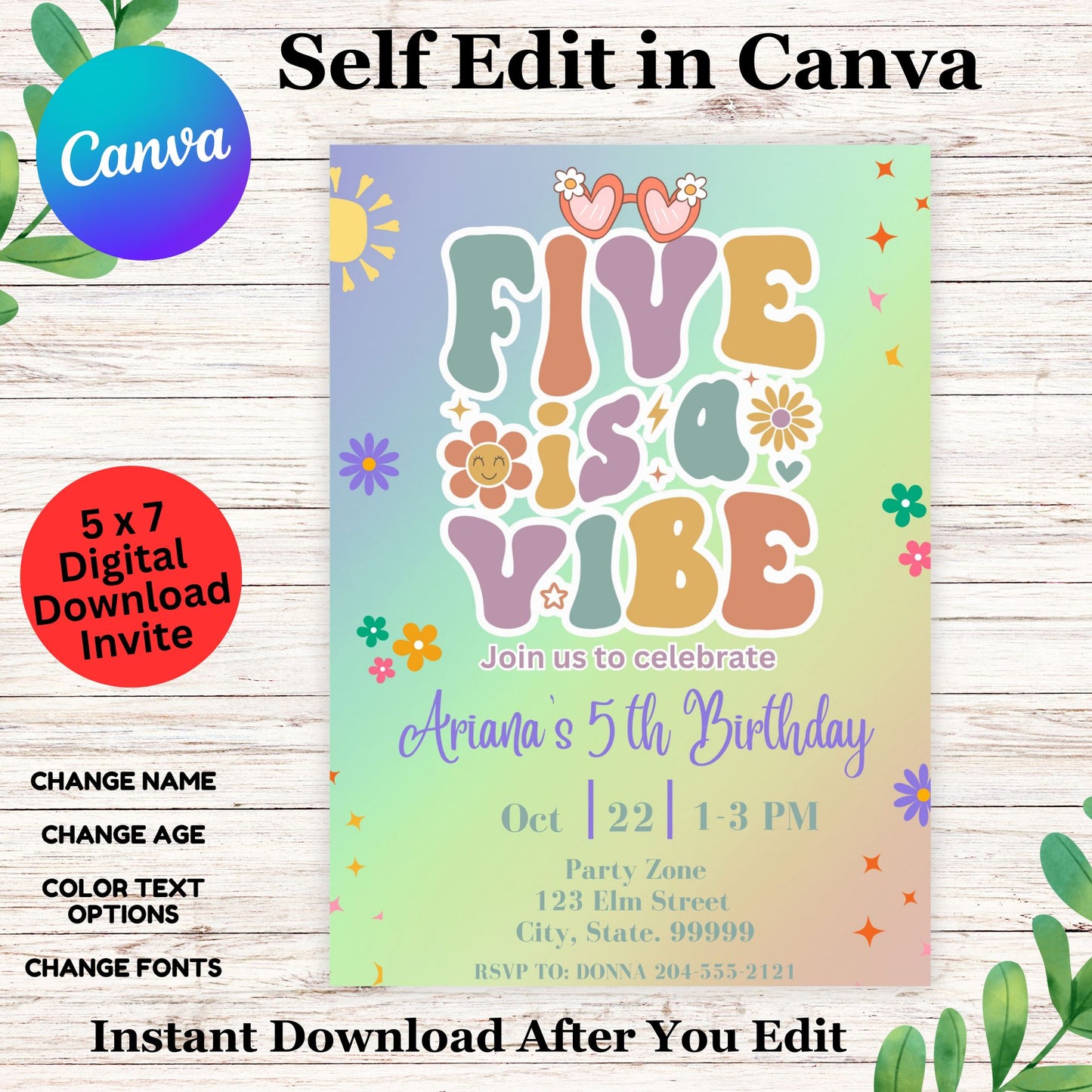 Five is a Vibe Girls Birthday Invitation Template  - Cute Printable Fifth Birthday Invitation