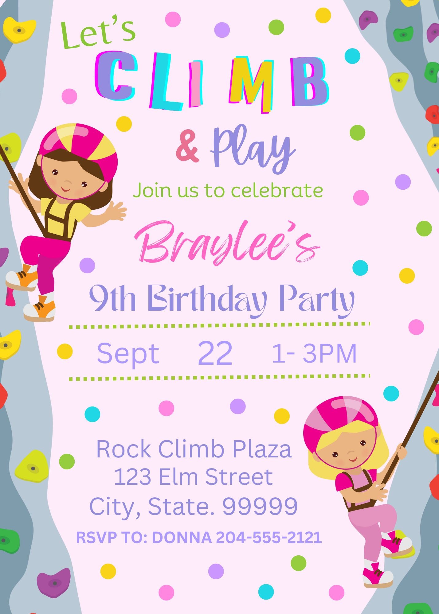 kids rock climbing party invitation 