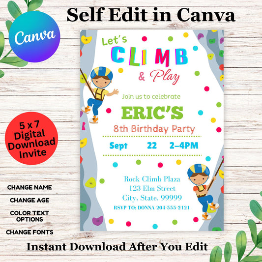 Rock Climbing Birthday Invitation Template- Boy Rock Climbing Invitation 