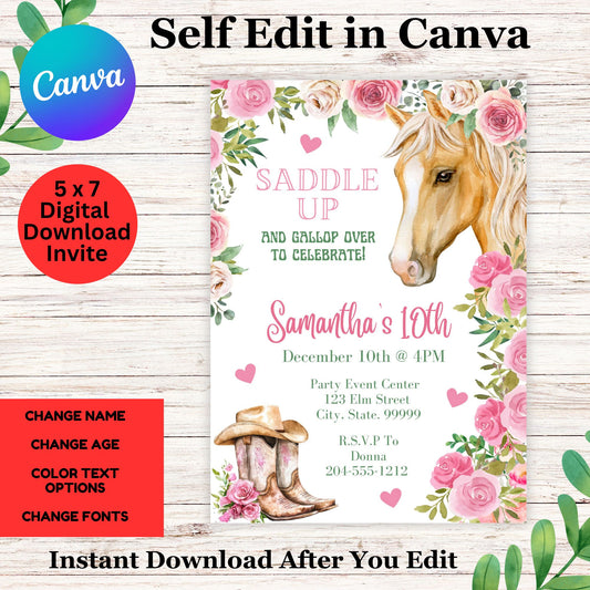 Western Pink Girl Birthday Invitation - Horse Birthday Invitation Template Canva