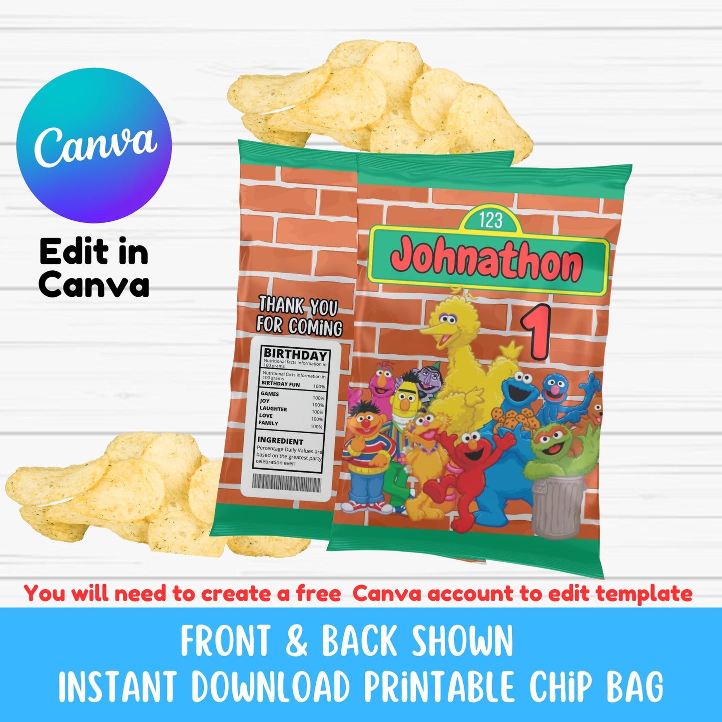 Sesame Street Birthday Chip Bag Template Editable in Canva - Sesame Street Birthday Food