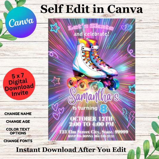 Roller Skate Birthday Invitation Template - Roller Skating Birthday Invite - Printable