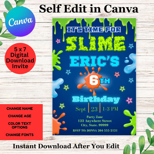 Slime Birthday Party Invitation - Printable Boy Slime Birthday Invite Template Canva 