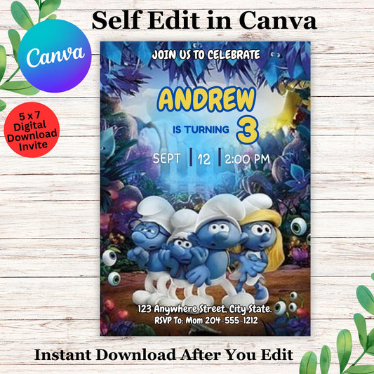 Smurfs Kids Birthday Invitation Template Printable - Personalized Smurfs Birthday Invite  