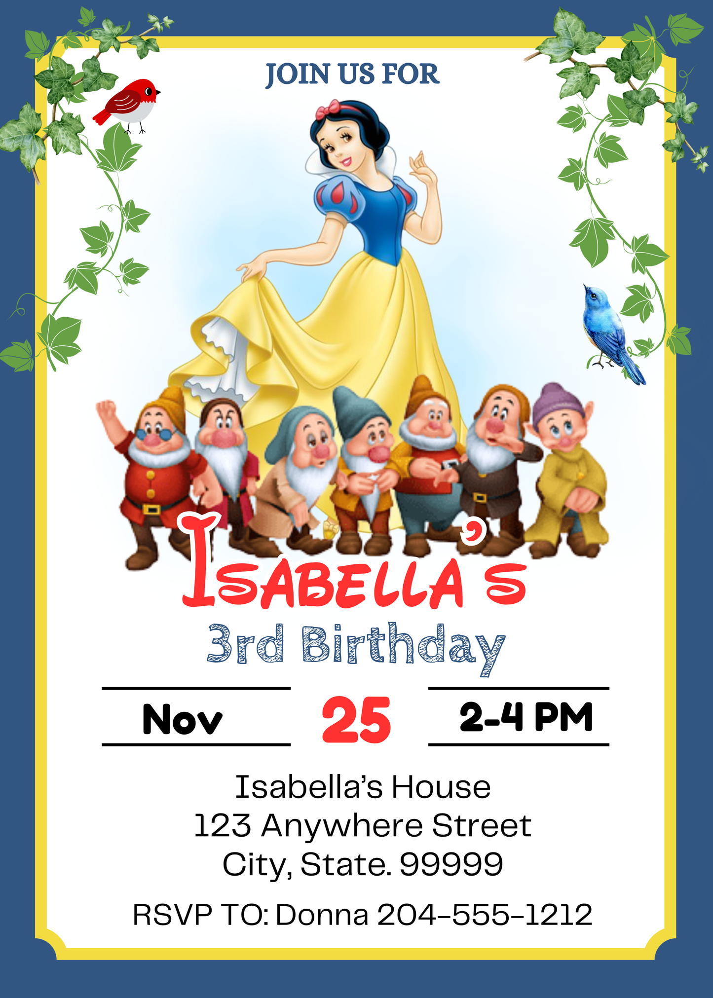 cute snow white birthday invitation 