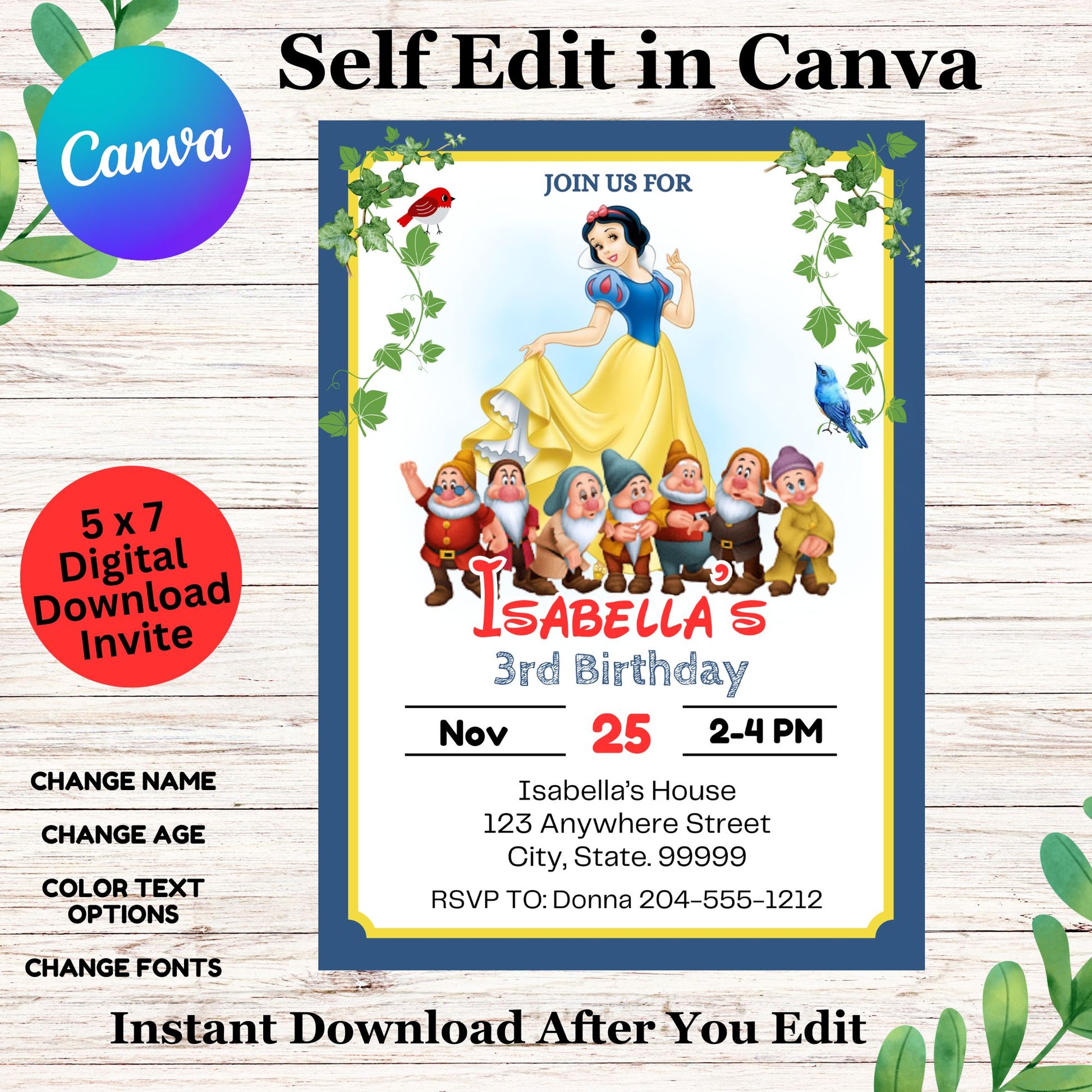 Snow White and Seven Dwarfs Invitation Template - Printable Snow White Invitation 