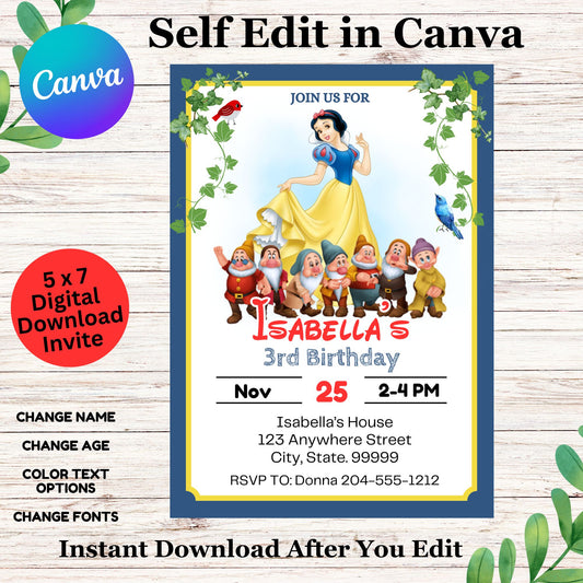 Snow White and Seven Dwarfs Invitation Template - Printable Snow White Invitation 