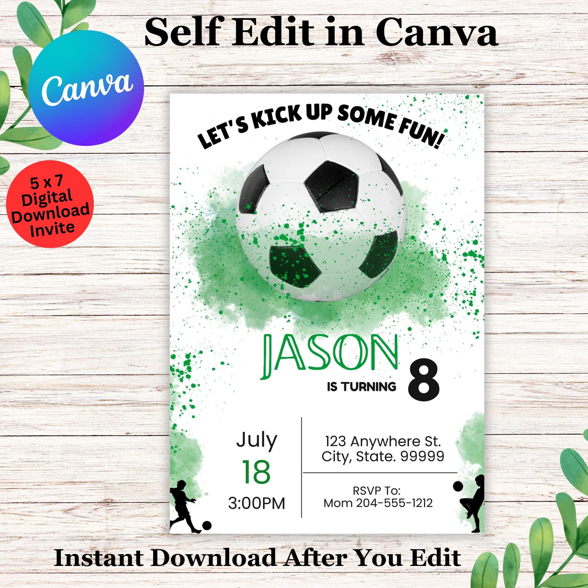 Kids Personalized Soccer Birthday Invitation Template - Editable Soccer Invite in Canva