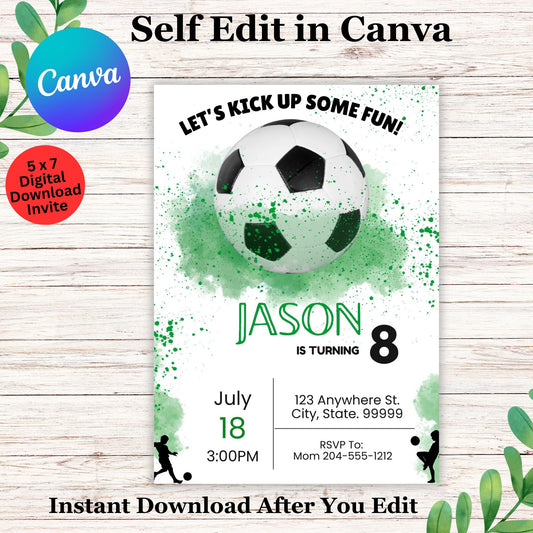 Kids Personalized Soccer Birthday Invitation Template - Editable Soccer Invite in Canva