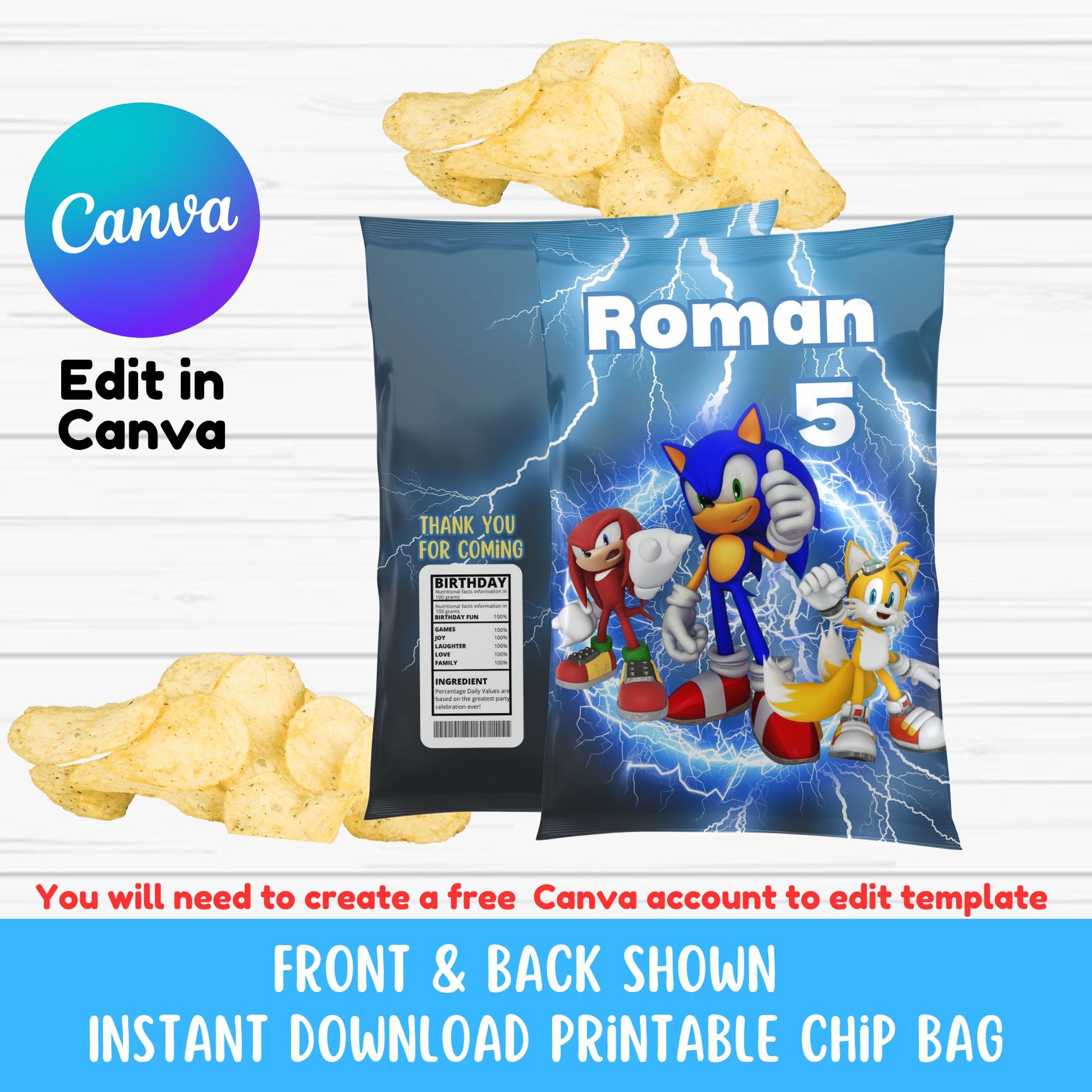 Sonic Birthday Party Chip Bag Template- Sonic the Hedgehog Personalized Chip Bag  