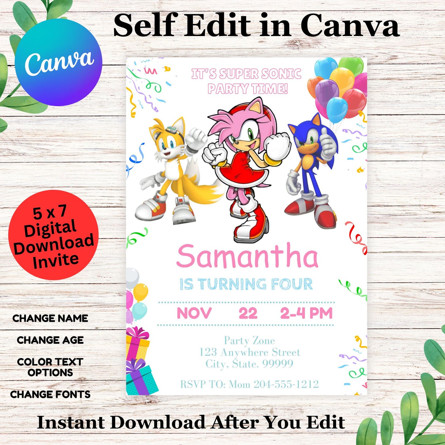 Sonic Birthday Party Invitation Template Girl - Cute Sonic Birthday Invite Edit in Canva 